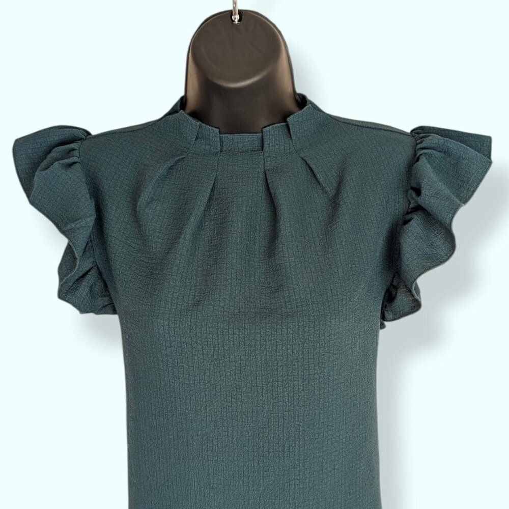 Niay Green Pleated Ruffle Shoulder Top - Picture 2 of 8